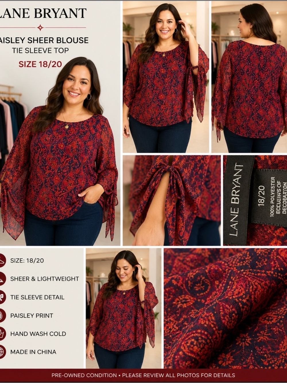 Lane Bryant Women’s 18/20 Red Navy Paisley Sheer Blusa Top Tie Sleeve